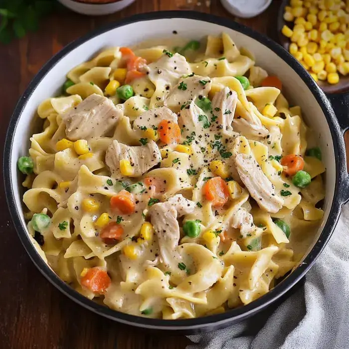 A rich, creamy pasta dish with chicken, peas, carrots, and corn served in a white bowl.