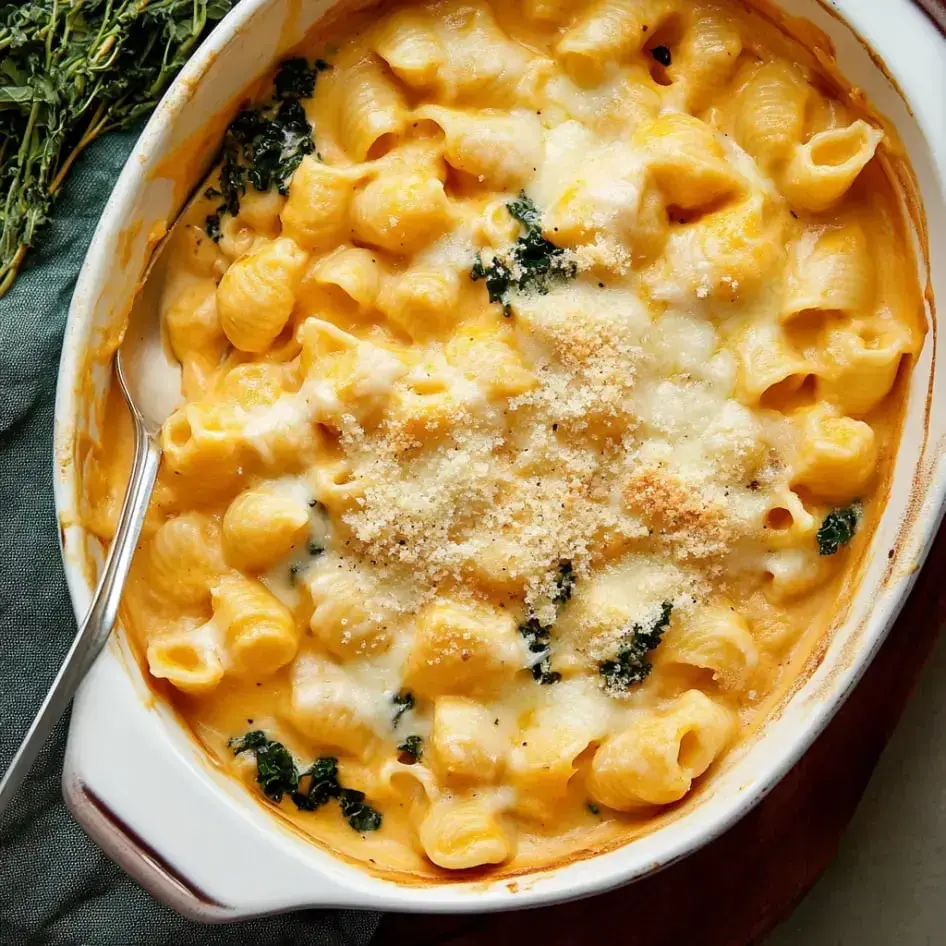 A luscious mac and cheese with kale, crisp breadcrumbs, and rich cheese, served in a white dish.