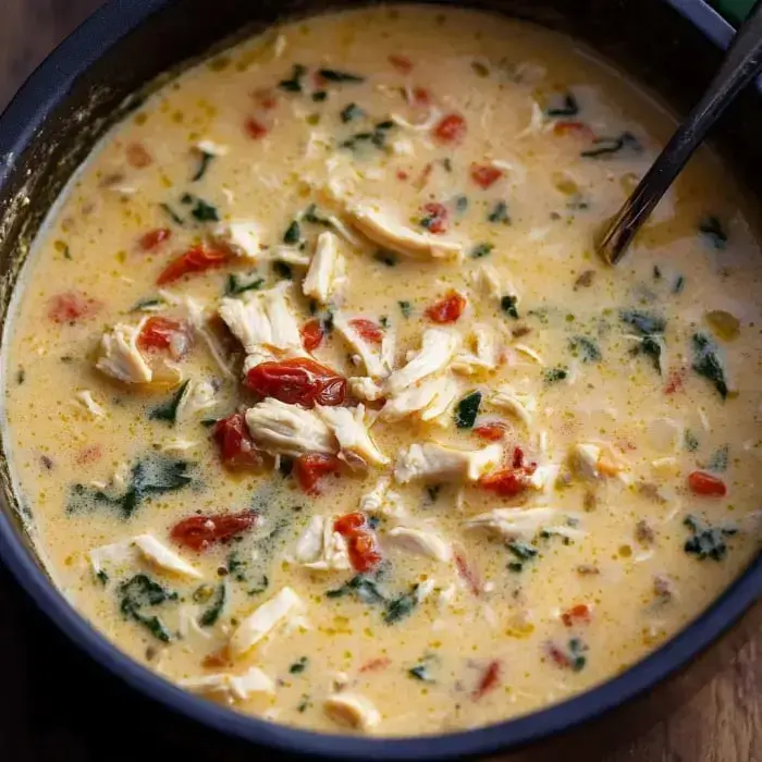 A rich bowl of creamy soup with shredded chicken, spinach, and sun-dried tomatoes.