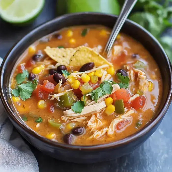 A bowl of hearty chicken soup with black beans, corn, fresh cilantro, and tortilla chips, served with lime on the side.