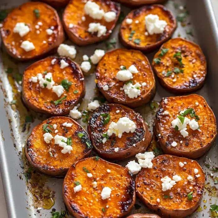Crispy sweet potato slices with feta and herbs on a tray.