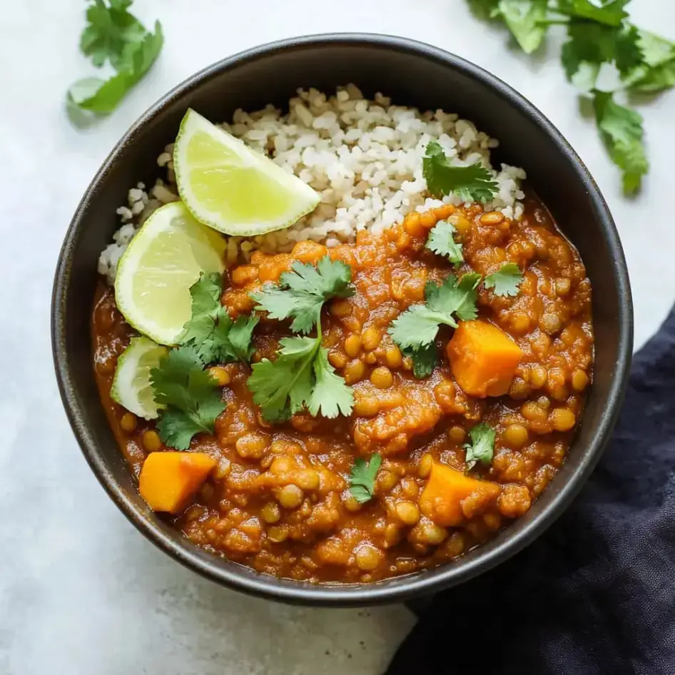 A hearty bowl of lentil curry topped with fresh herbs, lime slices, and served alongside a helping of brown rice.