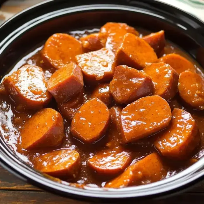Sliced pieces of sausage in a rich, dark sauce served in a black bowl up close.