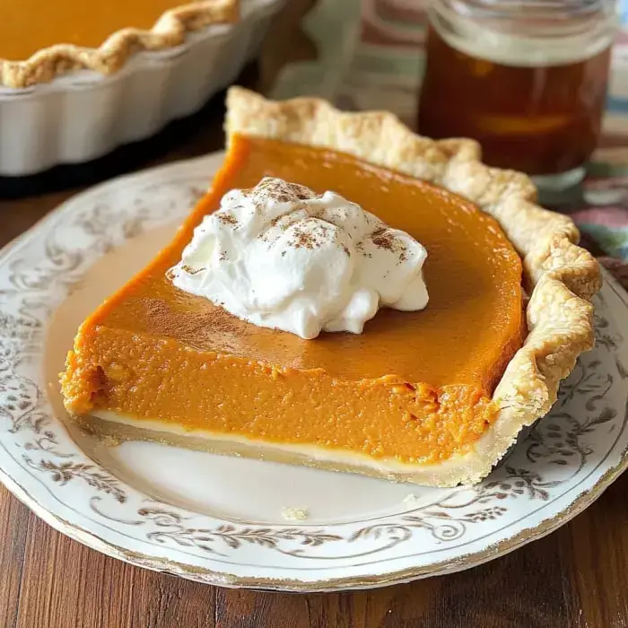 A decorative plate holding a slice of sweet potato pie topped with whipped cream, with a full pie and a jar in the background.