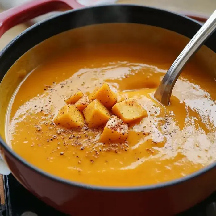 Warm soup that’s vivid orange with diced toppings and black pepper scattered on top.