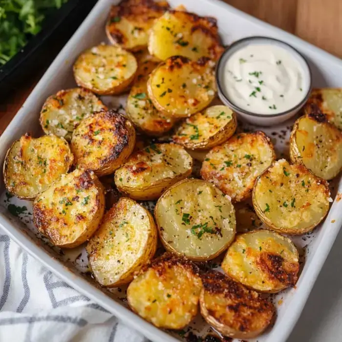 Crispy golden potato slices covered in herbs, served with a small dipping sauce on the side.