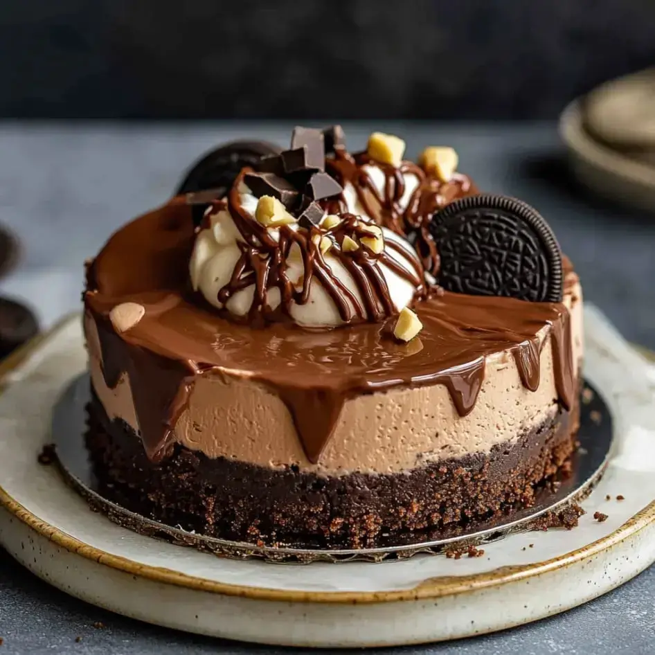 A rich chocolate dessert featuring whipped cream, chocolate drizzle, cookie crumbs, and hazelnuts on a cookie crust.