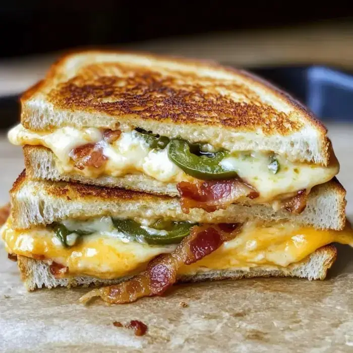 A grilled cheese sandwich loaded with melty cheddar, jalapeños, and crispy bacon between toasted slices of bread.