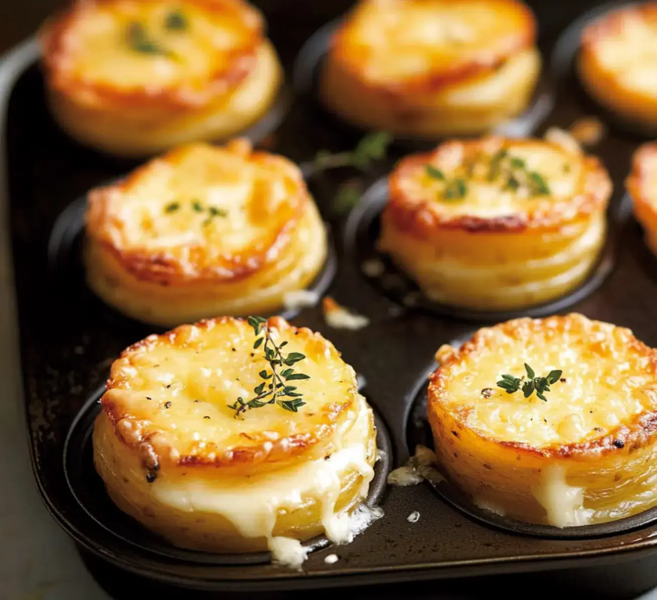 Golden and cheesy potato stacks baked in a muffin pan with fresh thyme.