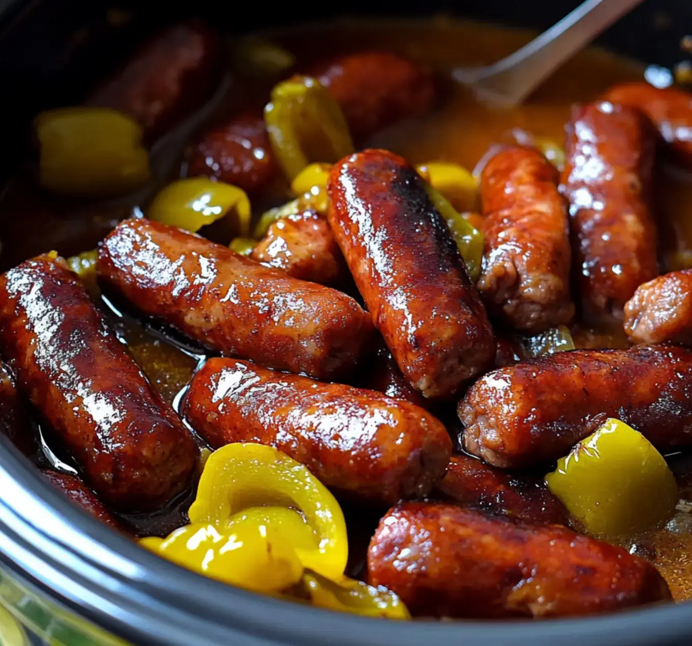 Close view of juicy sausages and yellow peppers in a flavorful sauce cooked in a crockpot.