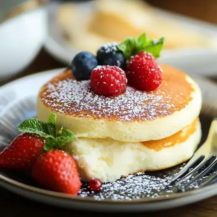 A stack of soft, fluffy pancakes dusted with powdered sugar, served with raspberries, blueberries, mint, and strawberries.