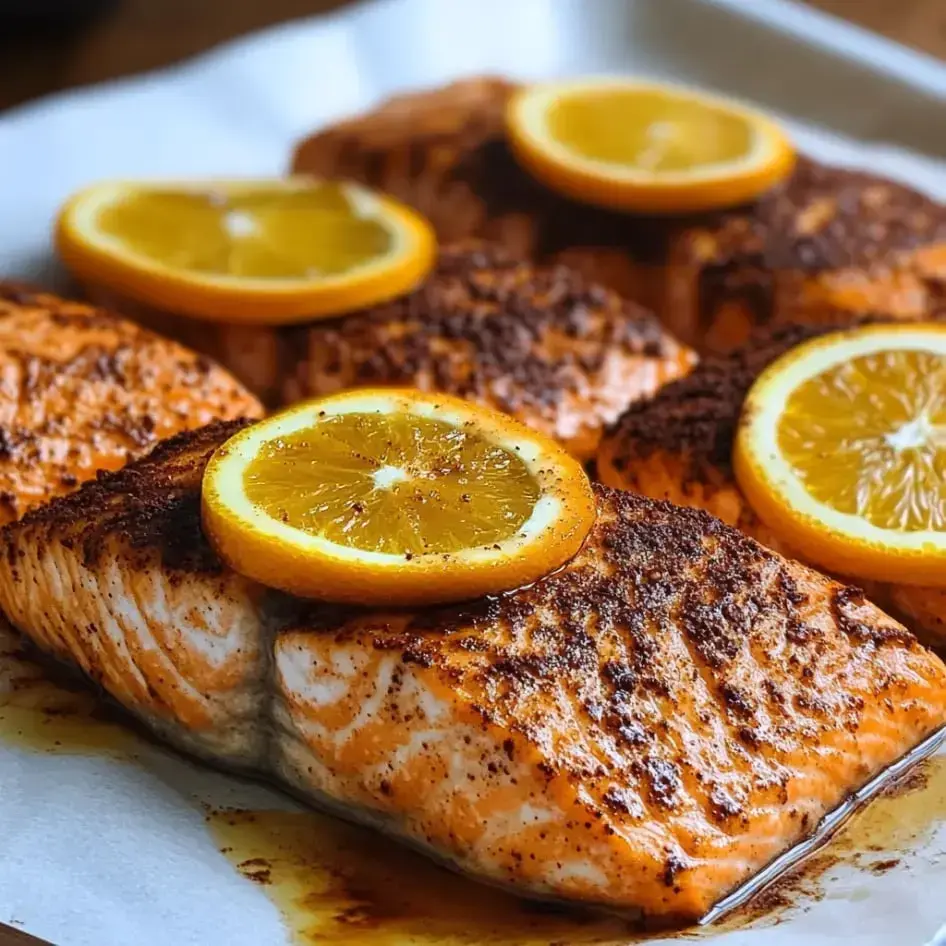 Orange-topped salmon fillets with spices, set on a tray ready to cook.