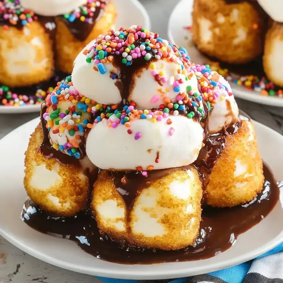 Dessert plate filled with warm, crispy fried marshmallows topped with chocolate syrup and festive sprinkles.