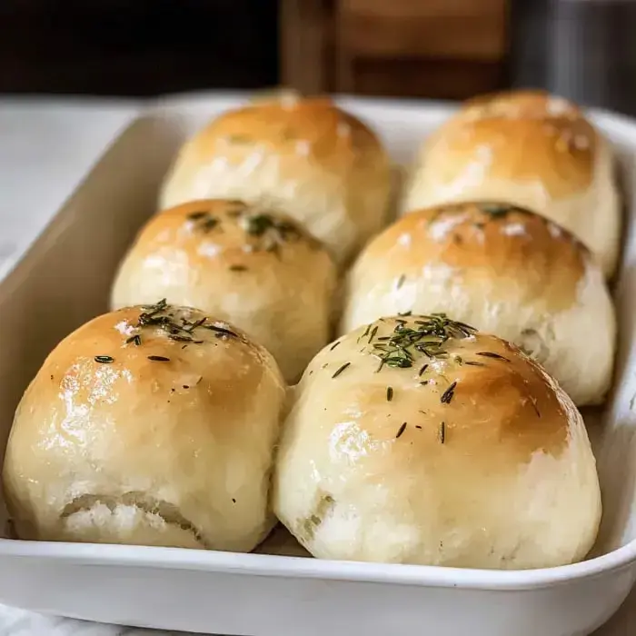 Fresh, golden rolls topped with herbs on a tray.