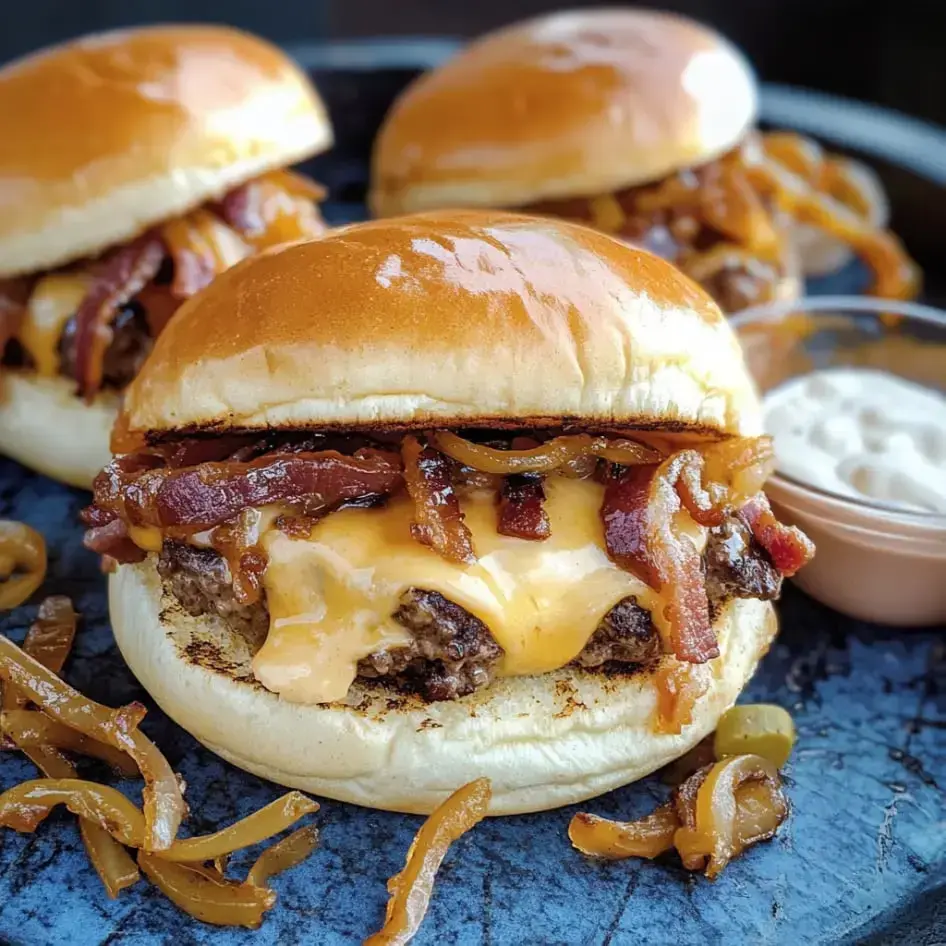 Close-up of a juicy cheeseburger topped with crispy bacon and caramelized onions, alongside dipping sauce.