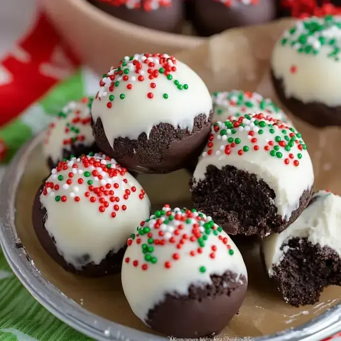 A platter of chocolate-dipped Oreo cookie balls with red and green sprinkles and white icing swirls.