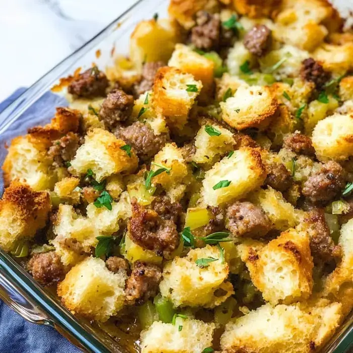 Fluffy sausage and bread stuffing sprinkled with fresh parsley.