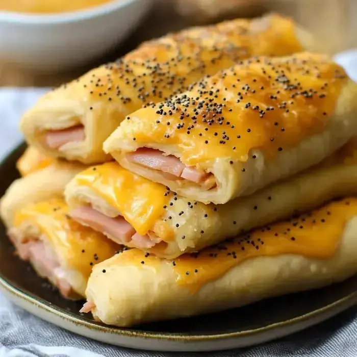 Golden-brown pastries stuffed with ham and cheese, sprinkled with poppy seeds on a plate.