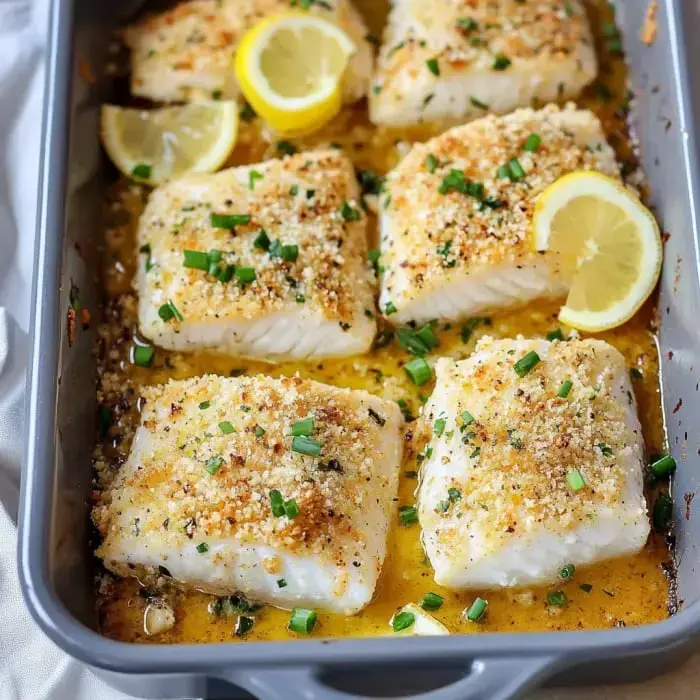 Crispy fish fillets topped with golden breadcrumbs, served with lemon slices in a gray baking dish.