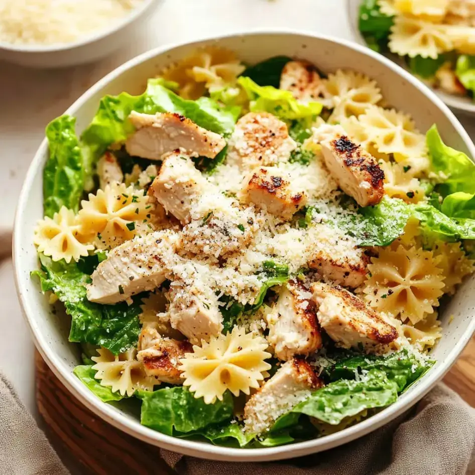A hearty bowl of Caesar salad with chicken, bowtie pasta, romaine, and a sprinkle of cheese and herbs.