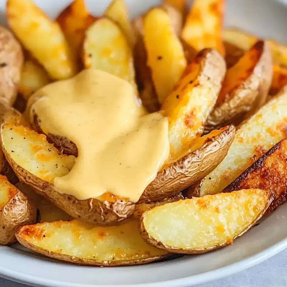 Golden potato wedges drizzled with creamy cheddar sauce on a plate.
