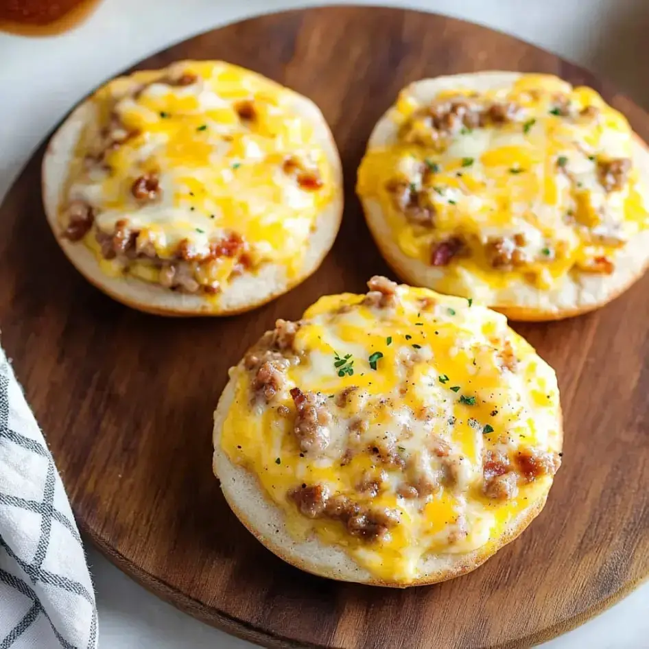 Three English muffin halves, topped with savory sausage and melted cheese, sprinkled with herbs, served on a wooden board.