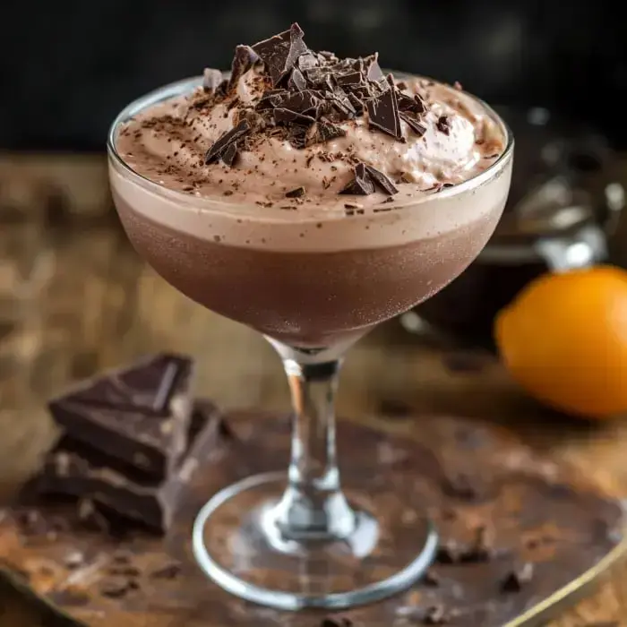 A rich chocolate dessert drink with chocolate shavings, poured into a fancy glass, paired with chocolate chunks and a lemon wedge.