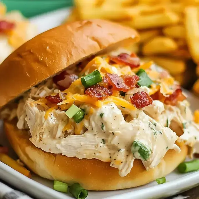 A sandwich packed with shredded chicken, cheddar cheese, crispy bacon, and green onions on a plate with fries.