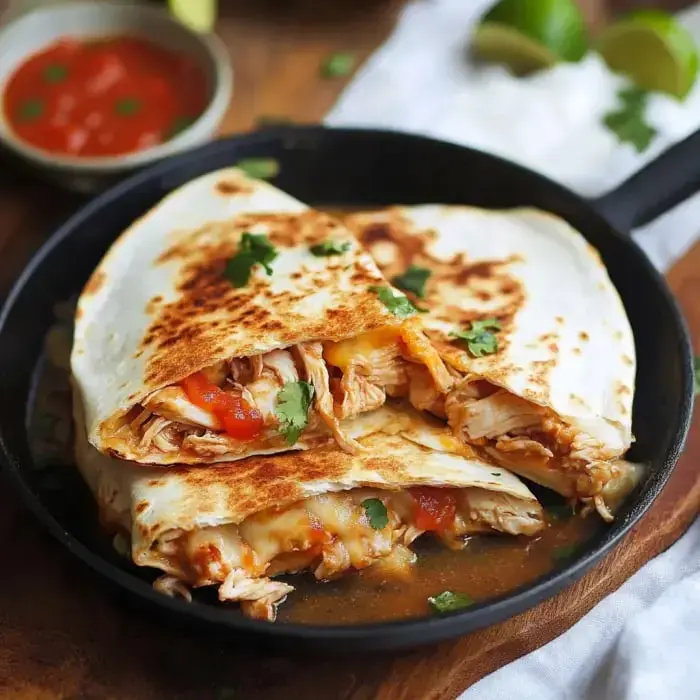 Close-up of crispy chicken wraps topped with green herbs, served with salsa on the side.