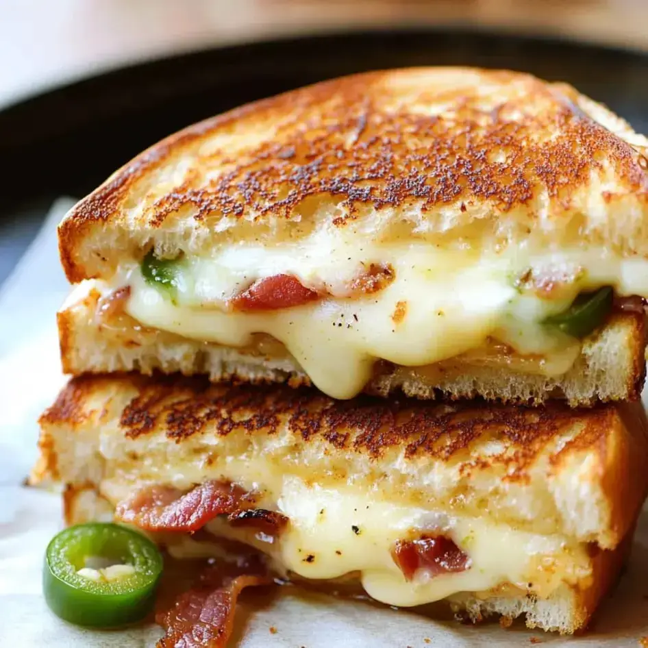 Up-close view of a golden-grilled sandwich with gooey cheese, jalapeños, and crispy bacon.