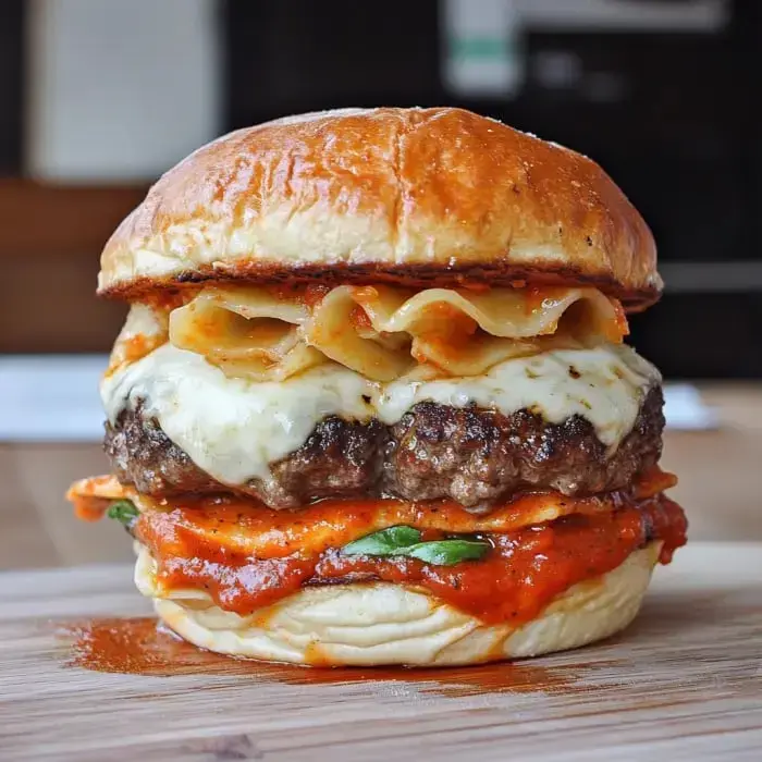 A juicy burger stuffed with melty cheese, pasta sheets, marinara sauce, and meat, all on toasted ciabatta bread.