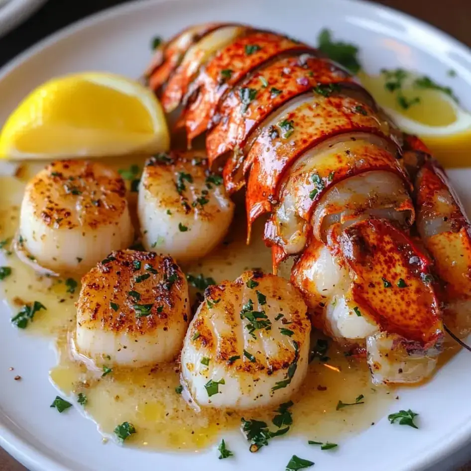 A delicious plate of lobster tail and seared scallops with lemon wedges and parsley garnish.