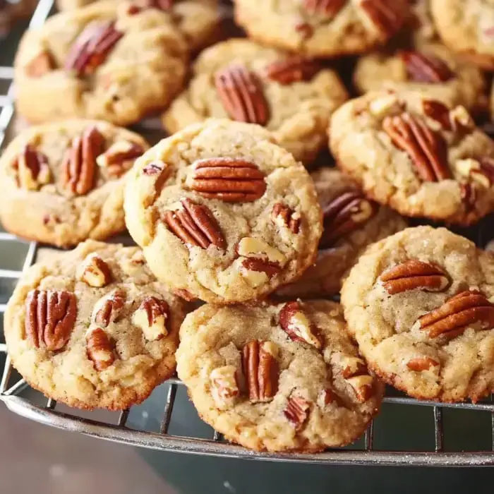 Freshly baked pecan-topped cookies on a cooling rack, close-up view.