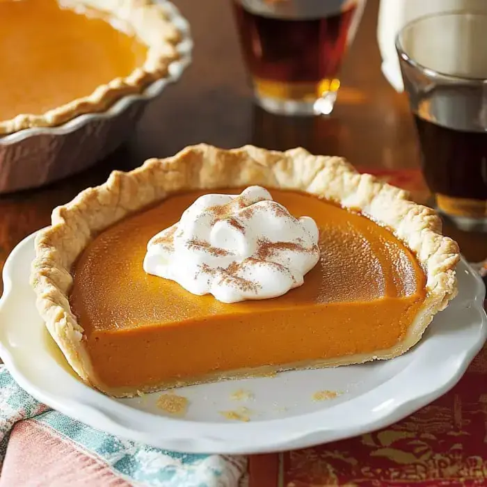 A rich orange pie slice topped with whipped cream and cinnamon, on a white plate with drinks and a full pie in the back.