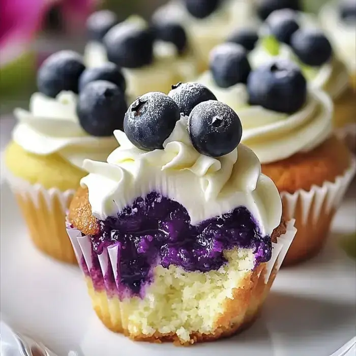 Golden cupcakes topped with whipped cream, blueberries, and lime zest, including a halved cupcake with purple filling.