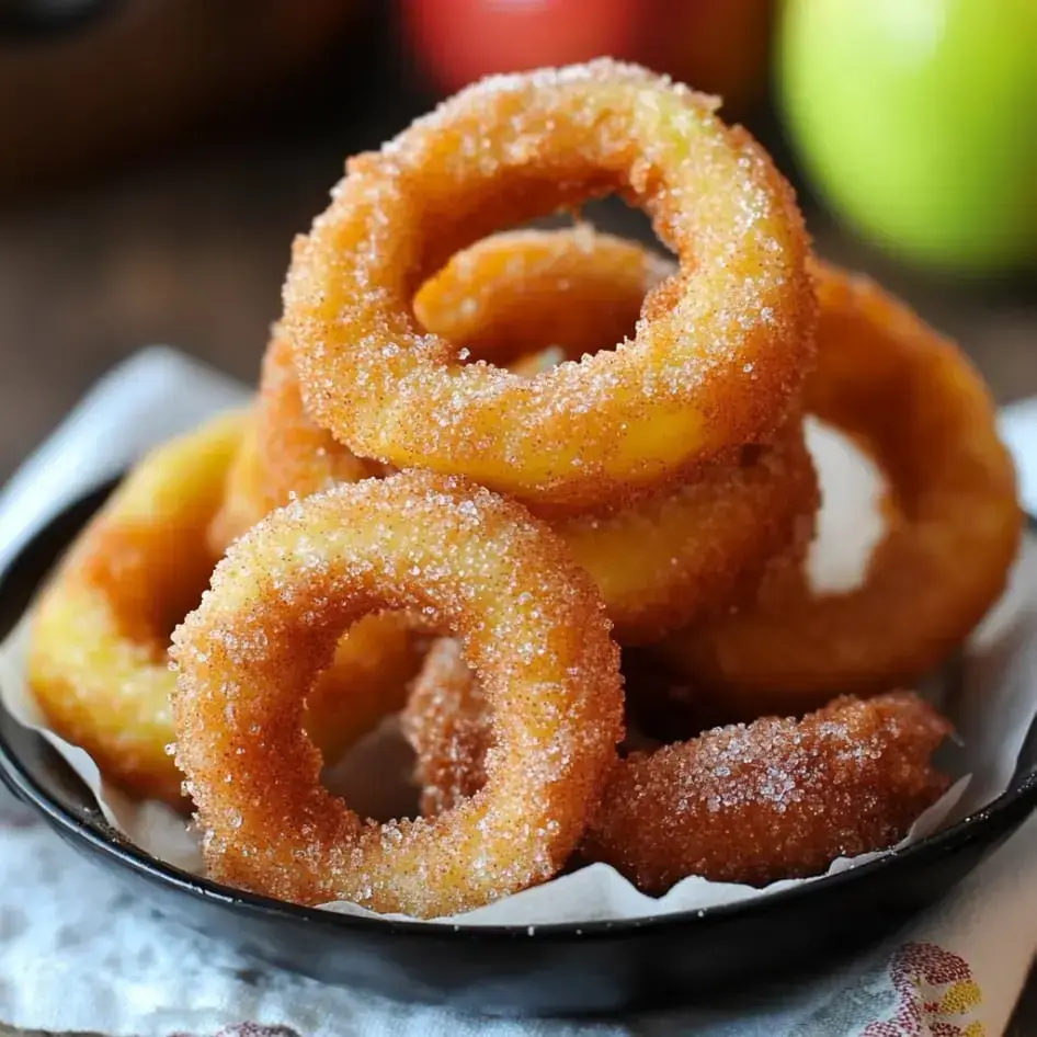 A plate stacked with golden fried and sugared apple rings, perfect for a comforting dessert.
