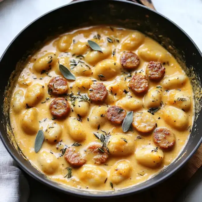 A skillet filled with creamy gnocchi topped with sausage slices and fresh herbs.