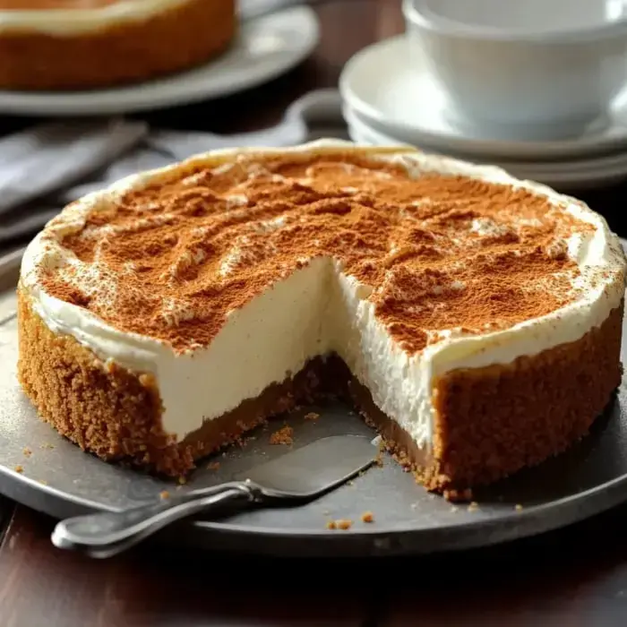 A rich cheesecake with a crumbly crust and a cinnamon garnish, with a slice missing, placed on a metallic tray.