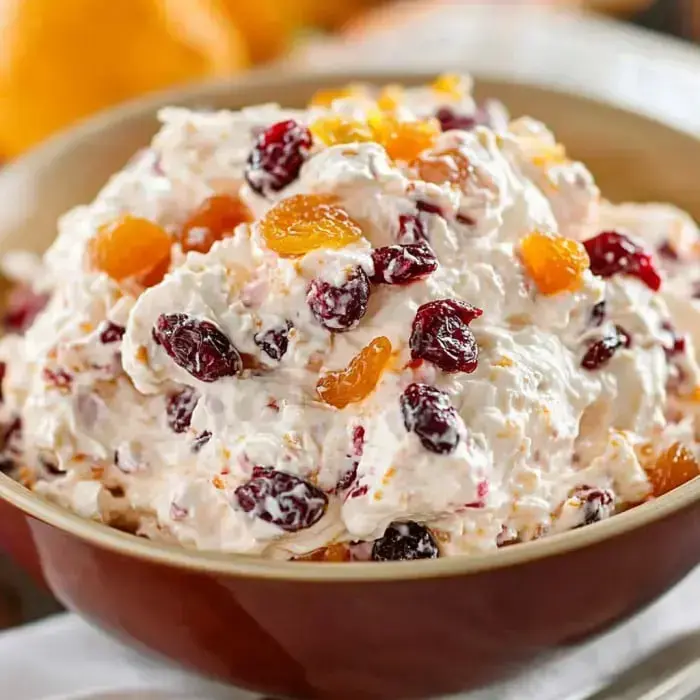 A bowl of creamy spread featuring cranberries and dried apricots.