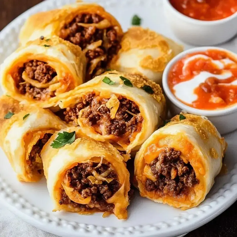 Golden, crispy rolls stuffed with ground meat and cheese, paired with salsa and creamy dipping sauce.