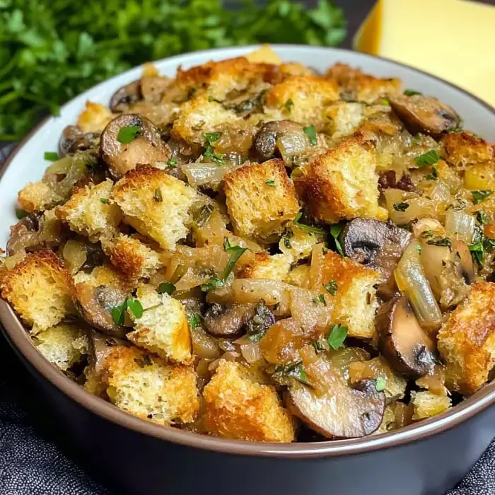 A heaping bowl of bread stuffing with mushrooms, sautéed onions, and herbs, topped with fresh parsley.