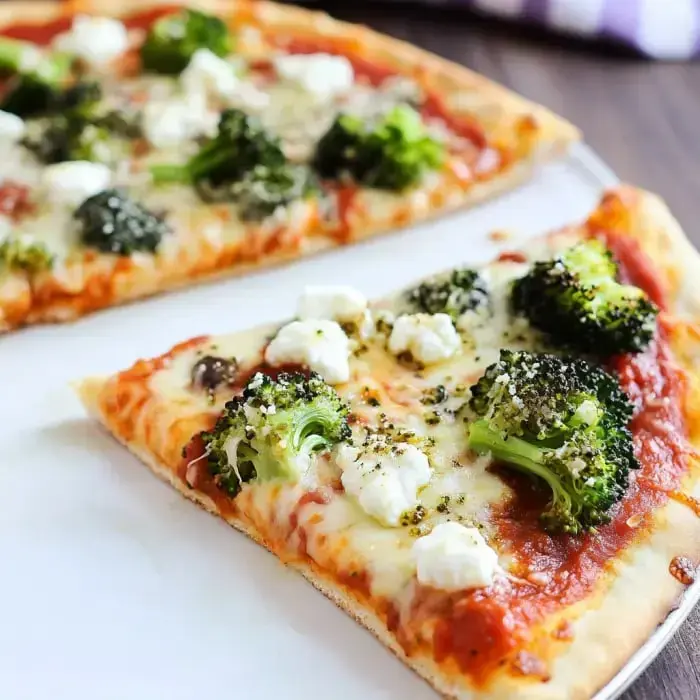 A plate with two slices of veggie flatbread covered in cheese and toppings.