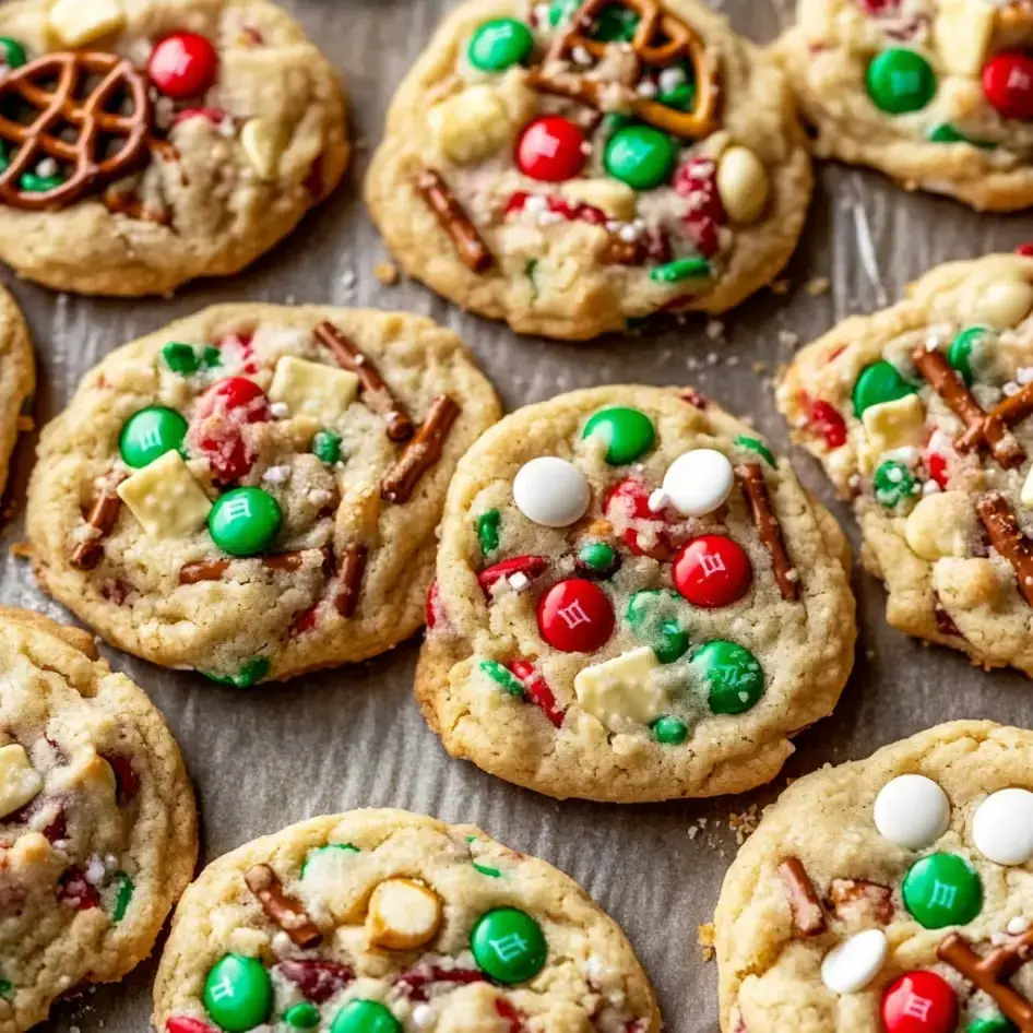 A tray of colorful holiday cookies with red and green candies, pretzels, and white chocolate chips.