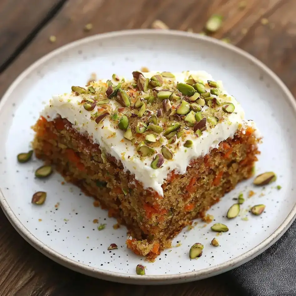 A piece of carrot zucchini cake with creamy frosting and pistachio topping served on a plate.