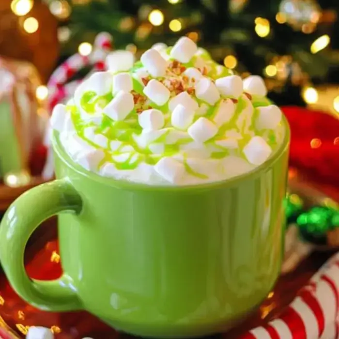 A bright green drink with whipped cream and mini marshmallows, topped with green syrup, and surrounded by holiday décor.