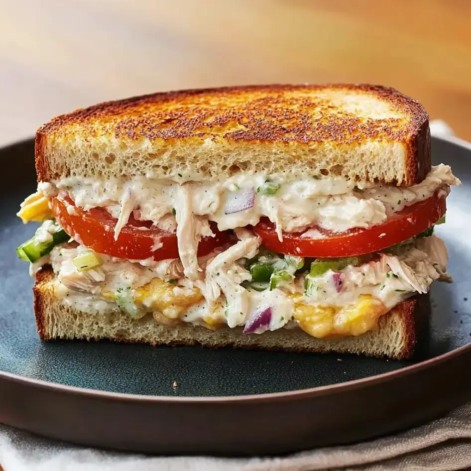 A golden sandwich stuffed with chicken, fresh veggies, and creamy dressing, served on grainy bread.