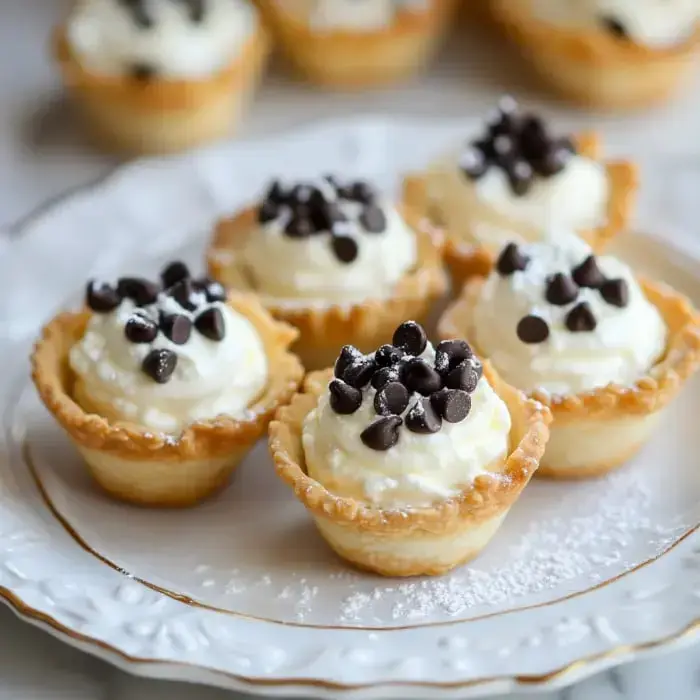 A dish of small pastry cups filled with cream and sprinkled with chocolate chips.