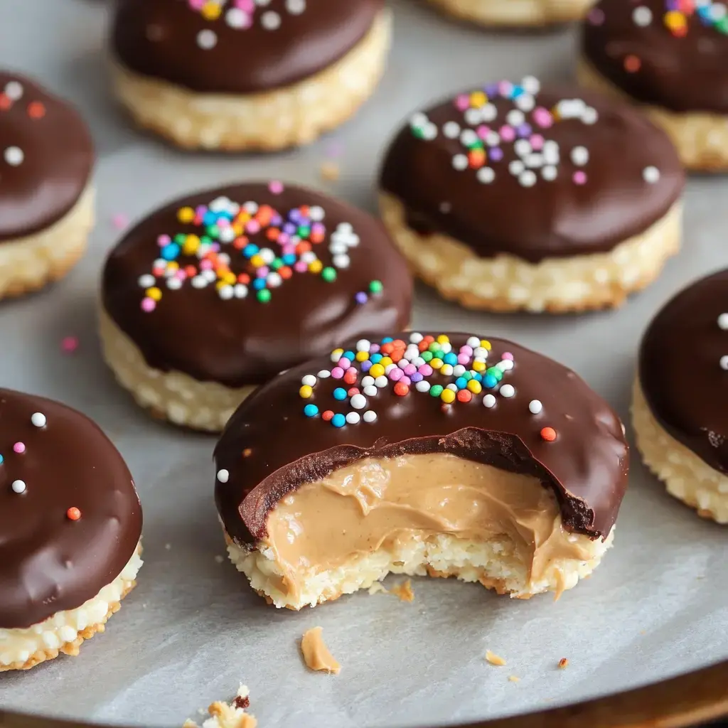 Close-up of chocolate-dipped cookies sprinkled with decorations, showing one cookie sliced open to reveal a peanut butter filling.