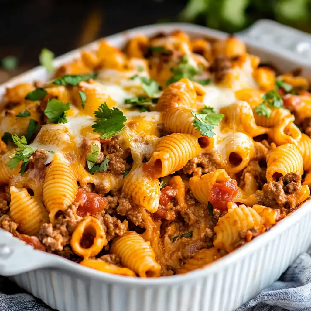 Baked pasta with conchiglie noodles, ground beef, cheese, and cilantro on top.