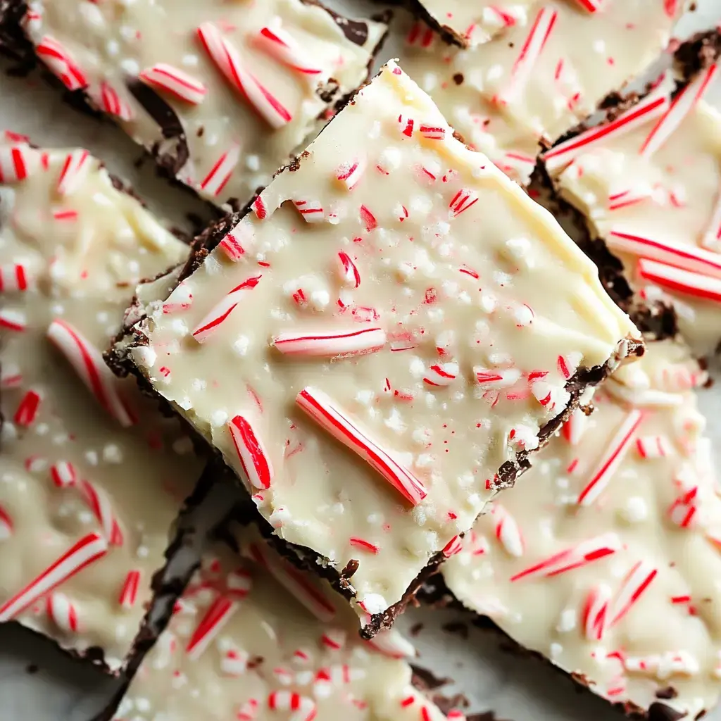 Close view of chocolate bark layered with white chocolate and topped with red candy cane pieces and crushed peppermint.
